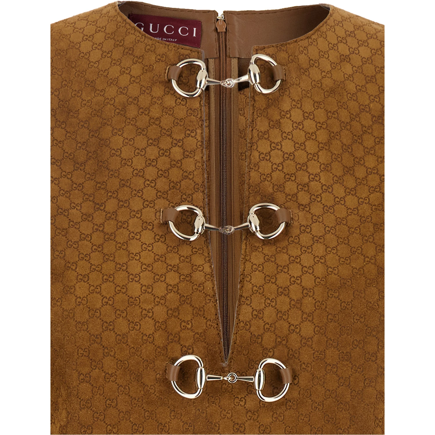 Brown Dress with Front Horsebit Details and All-Over GG Motif in Suede Woman