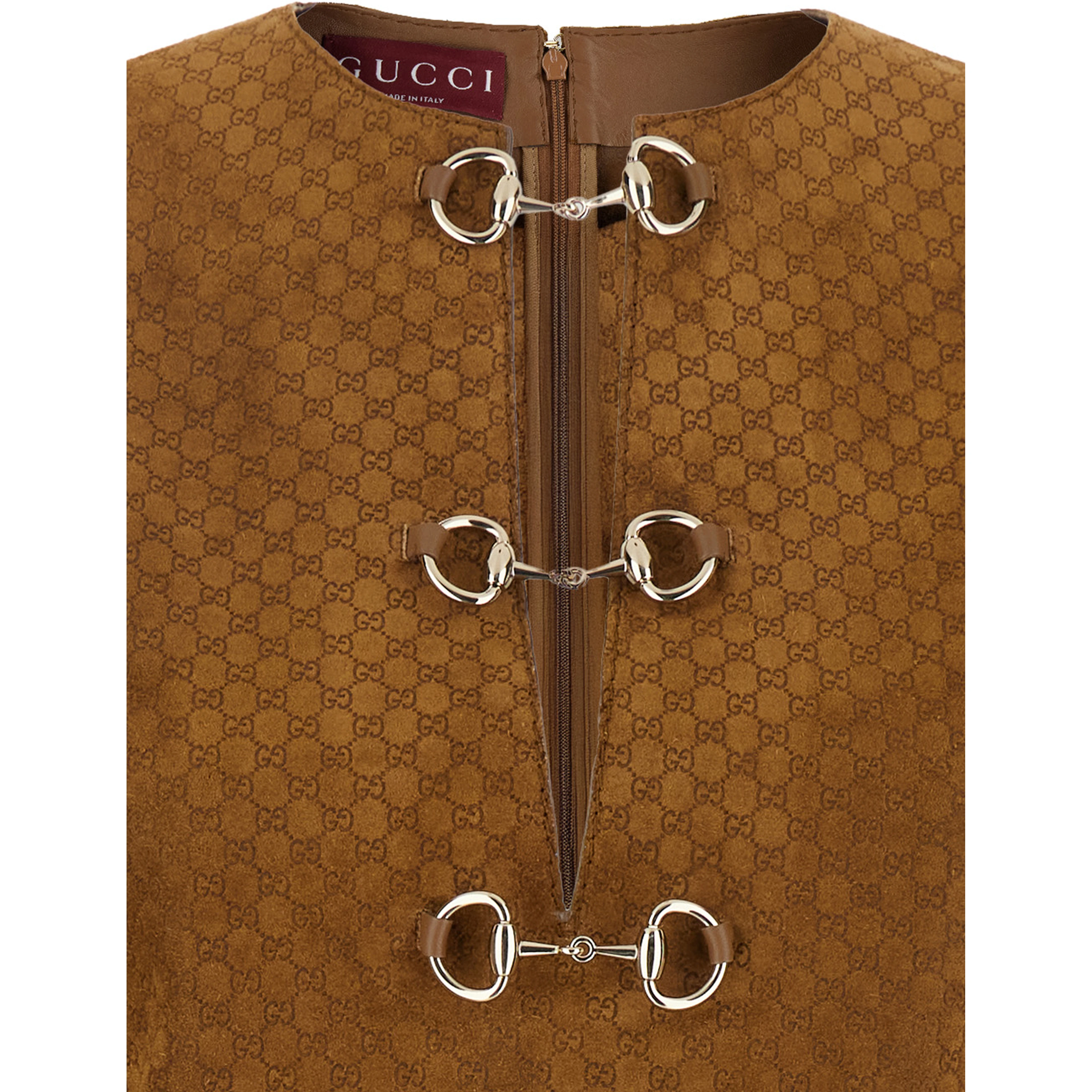 Brown Dress with Front Horsebit Details and All-Over GG Motif in Suede Woman