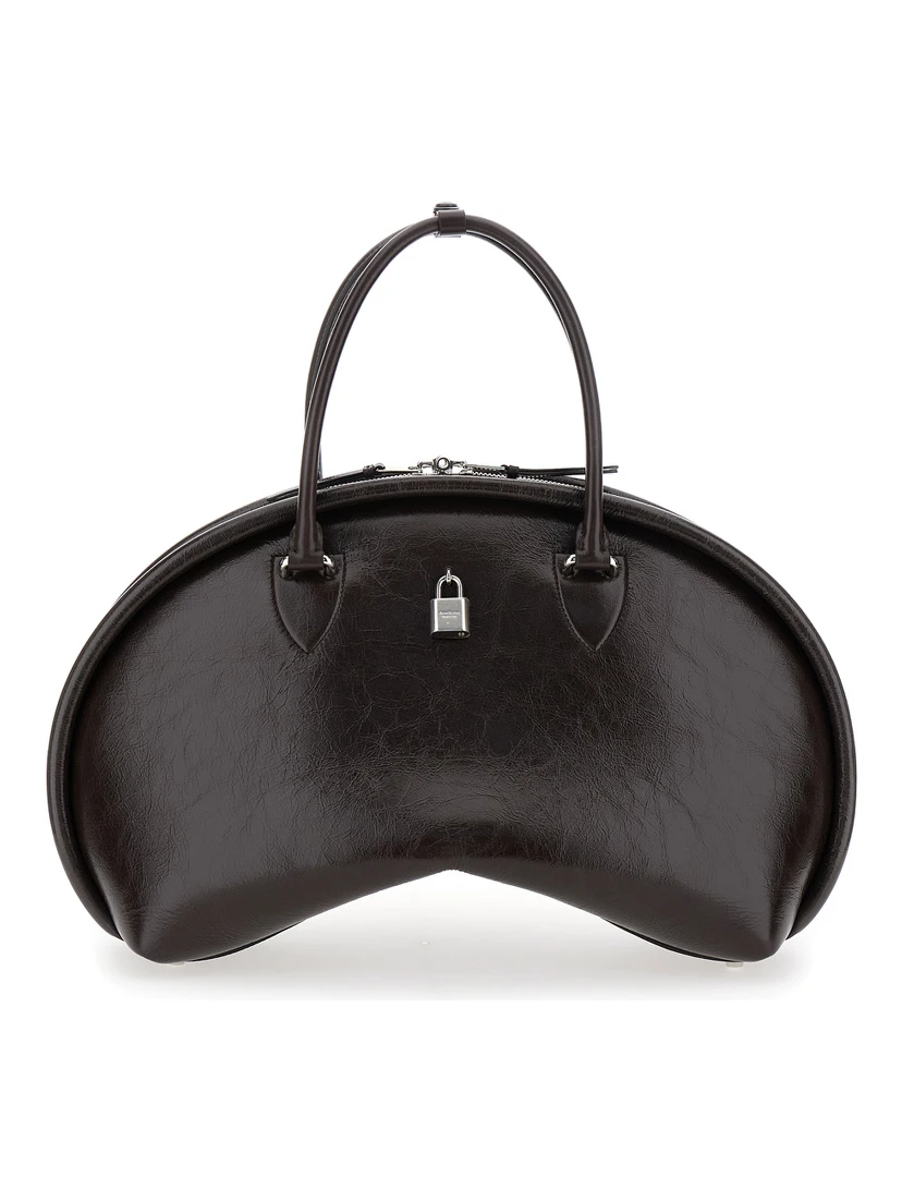 Black Handbag with Two Top Handles and Logo Plaque on the Front in Leather Woman