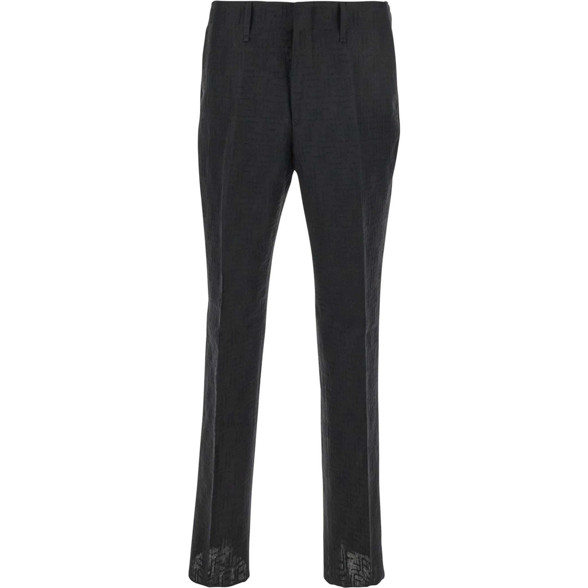 Black Pants with Belt Loops amd All-Over FF Embroidery in Linen Man
