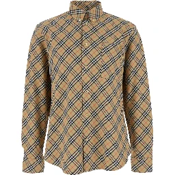 Beige Shirt with All-Over Vintage Check Motif in Cotton Man