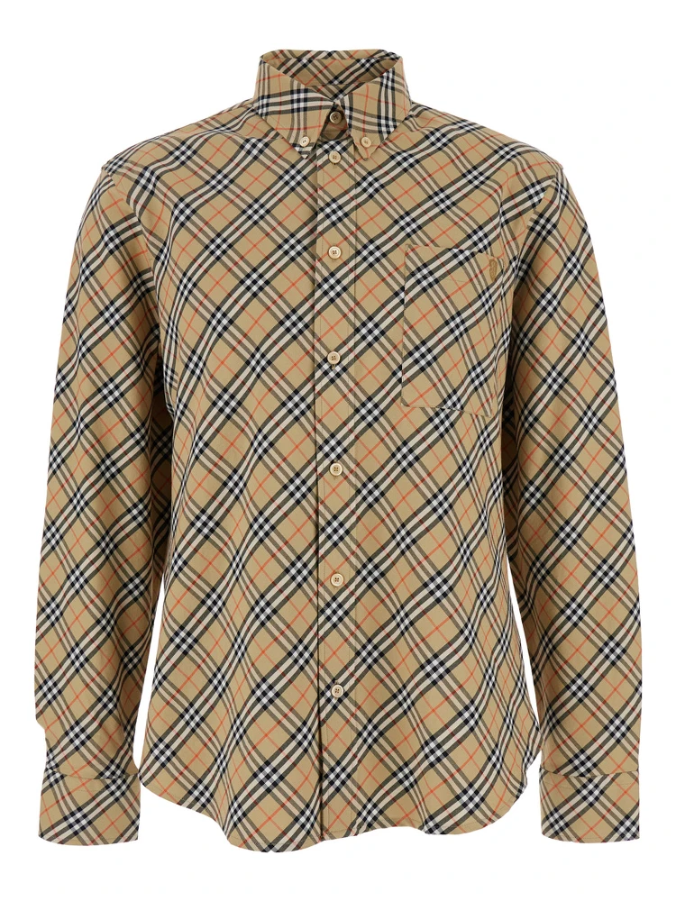 Beige Shirt with All-Over Vintage Check Motif in Cotton Man