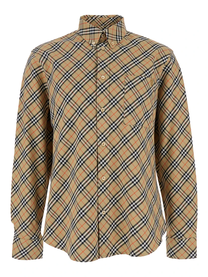 Beige Shirt with All-Over Vintage Check Motif in Cotton Man