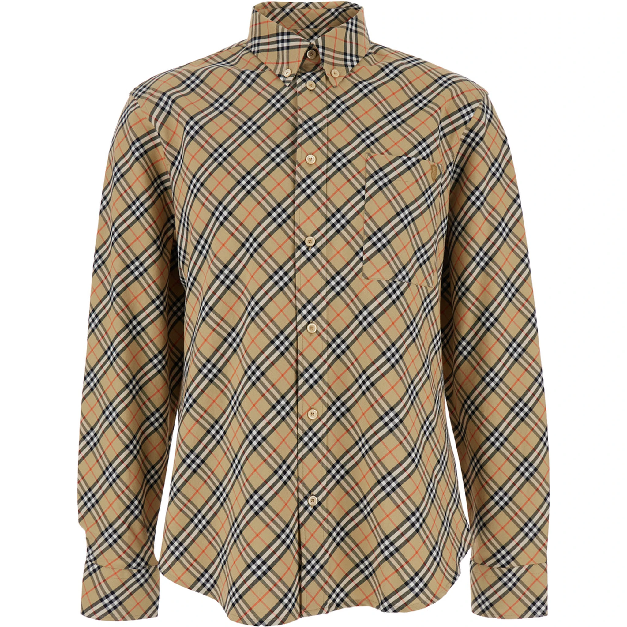 Beige Shirt with All-Over Vintage Check Motif in Cotton Man
