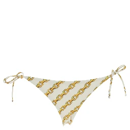 White Bikini Bottom with Adjustable Tie Closure and All-Over Chain Print in Tech Fabric Stretch Woman