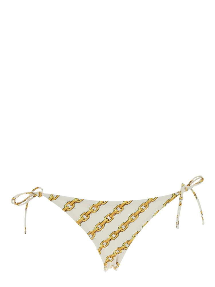 White Bikini Bottom with Adjustable Tie Closure and All-Over Chain Print in Tech Fabric Stretch Woman