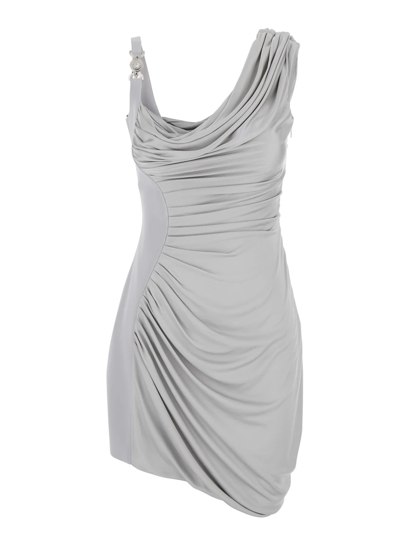 Grey Draped Mini Dress with Medusa 95 Detail in Viscose Woman