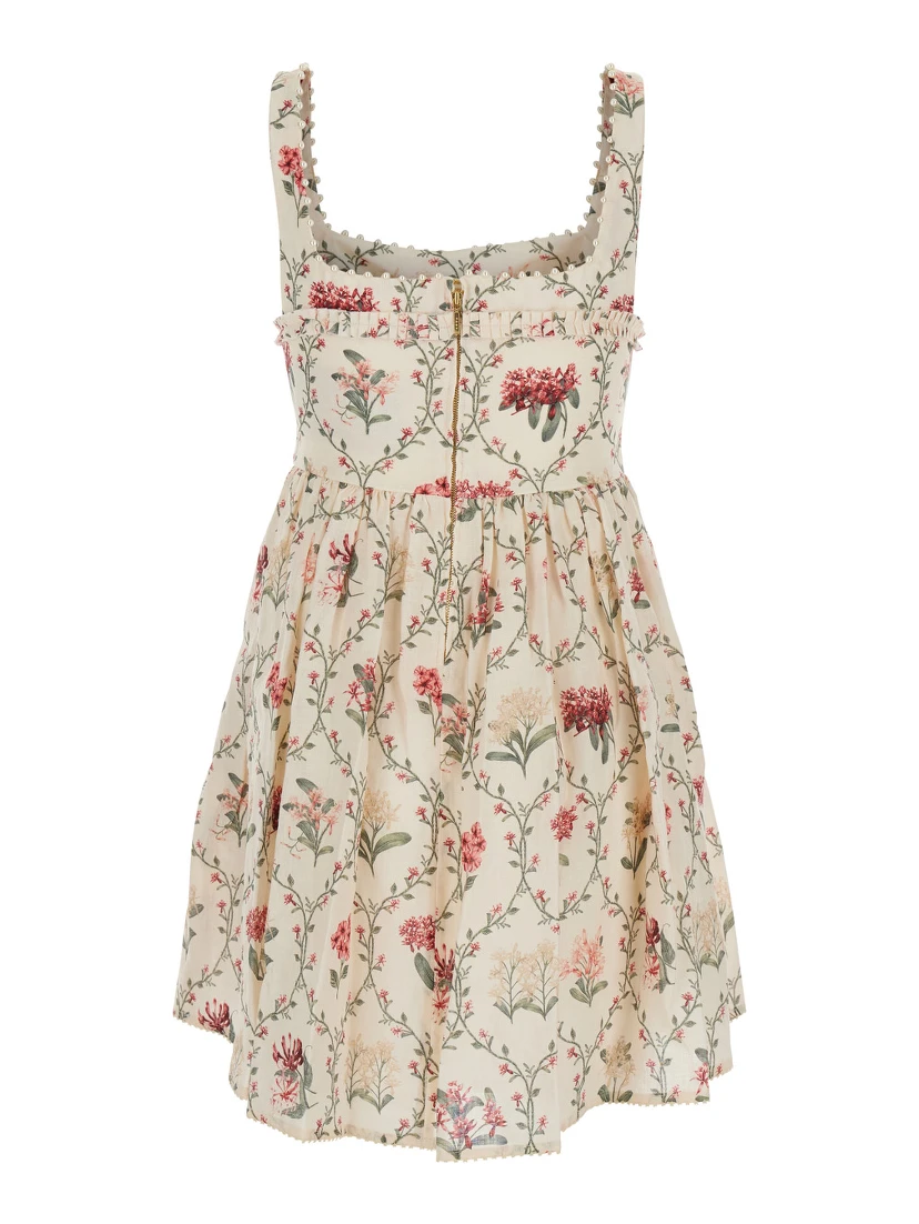 Barbara Multicolor Short Dress with All-Over Floral Embroidery in Linen Woman