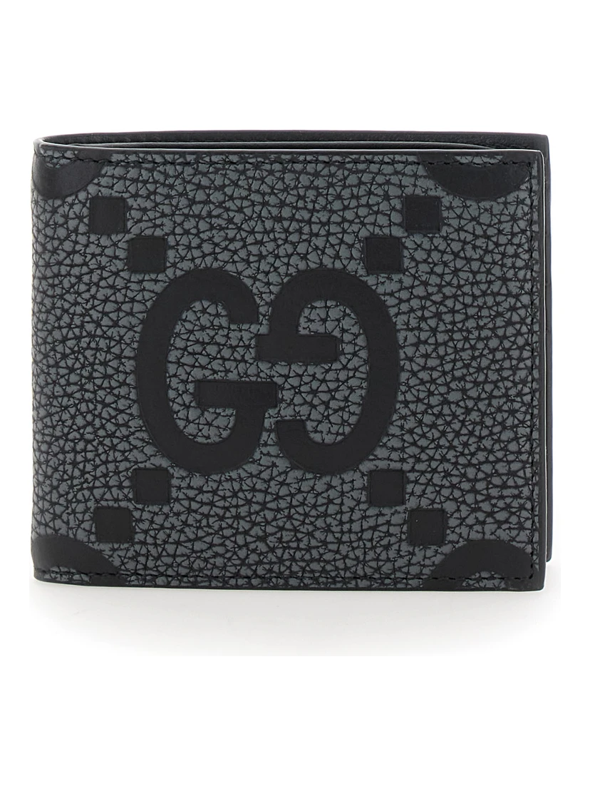 Grey and Black Wallet with GG Maxi Logo on Front in Hammered Leather Man