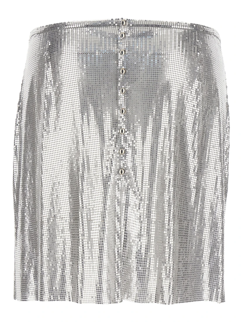 Metallic Miniskirt with High Waist and Chainmail Detail in Tech Fabric Woman
