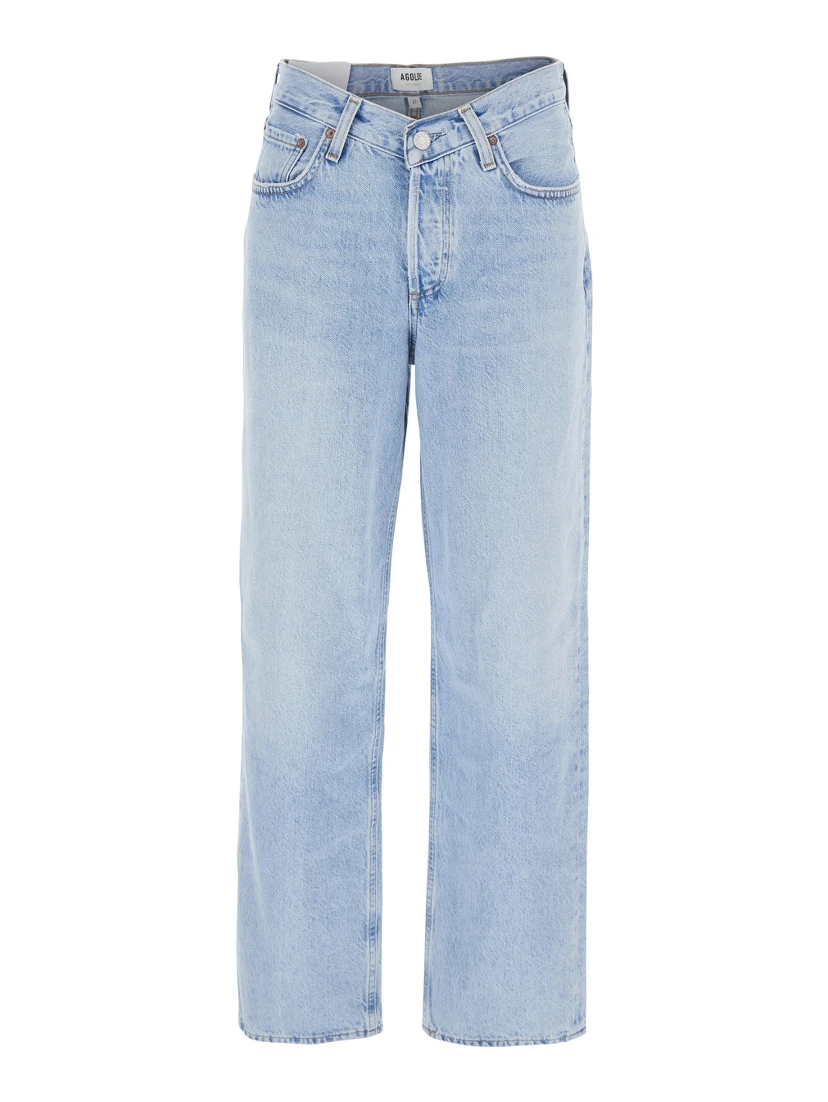 Blue Jeans with Wide Leg and Logo Patch on the Rear in Denim Woman