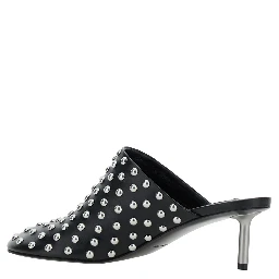 Black Mules with Low Heel and All-Over Stud Embellishments in Leather Woman