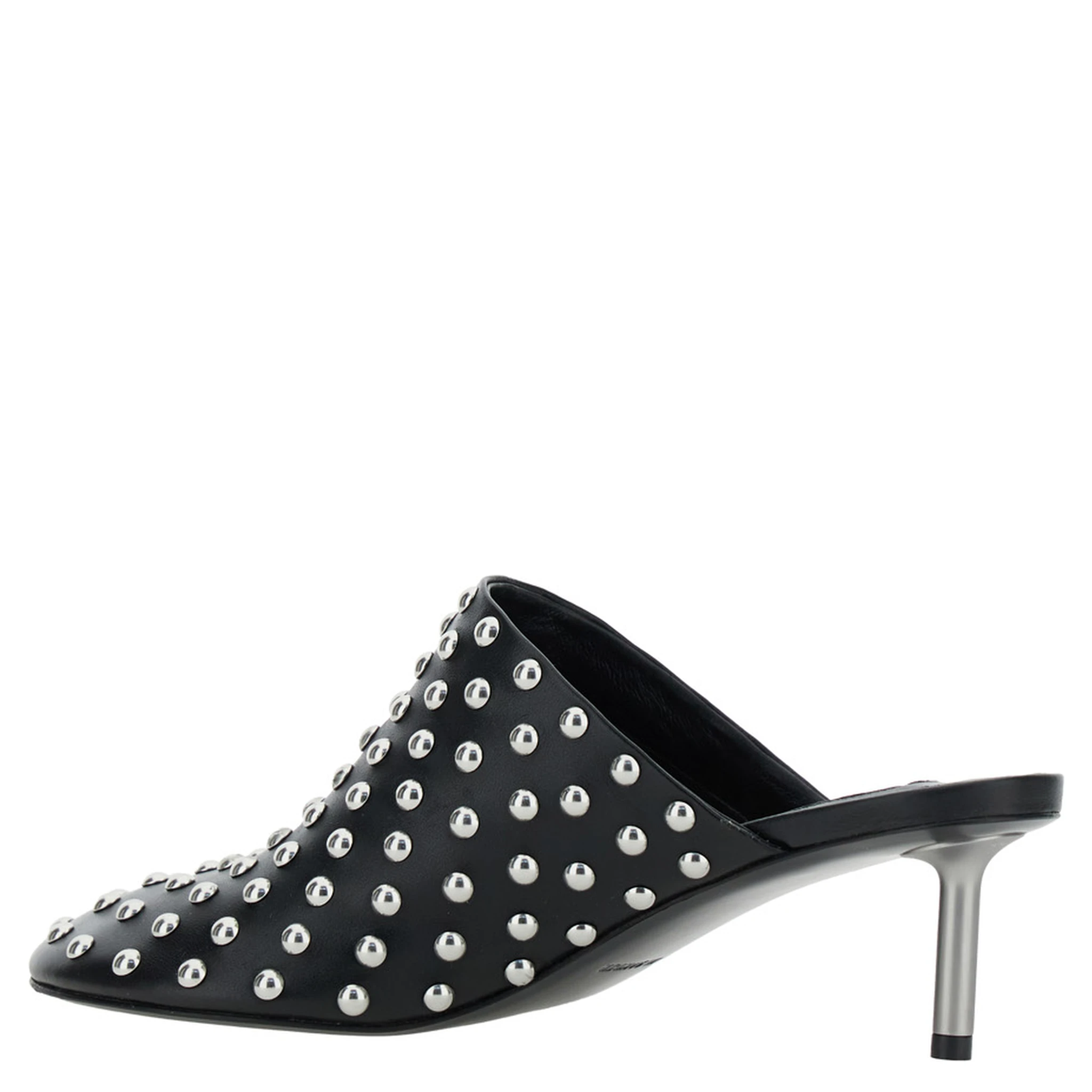 Black Mules with Low Heel and All-Over Stud Embellishments in Leather Woman