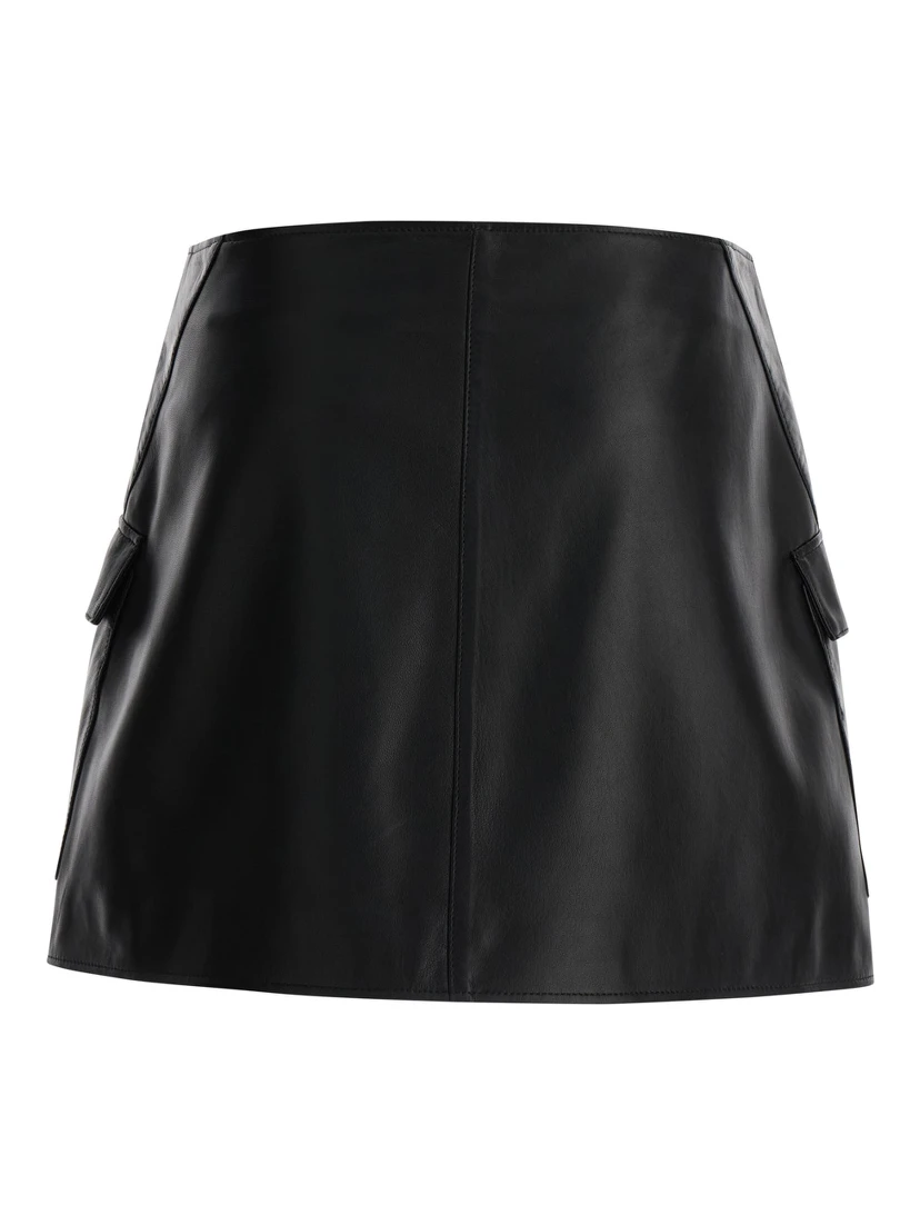 Black Wallet Skirt with Pockets in Leather Woman