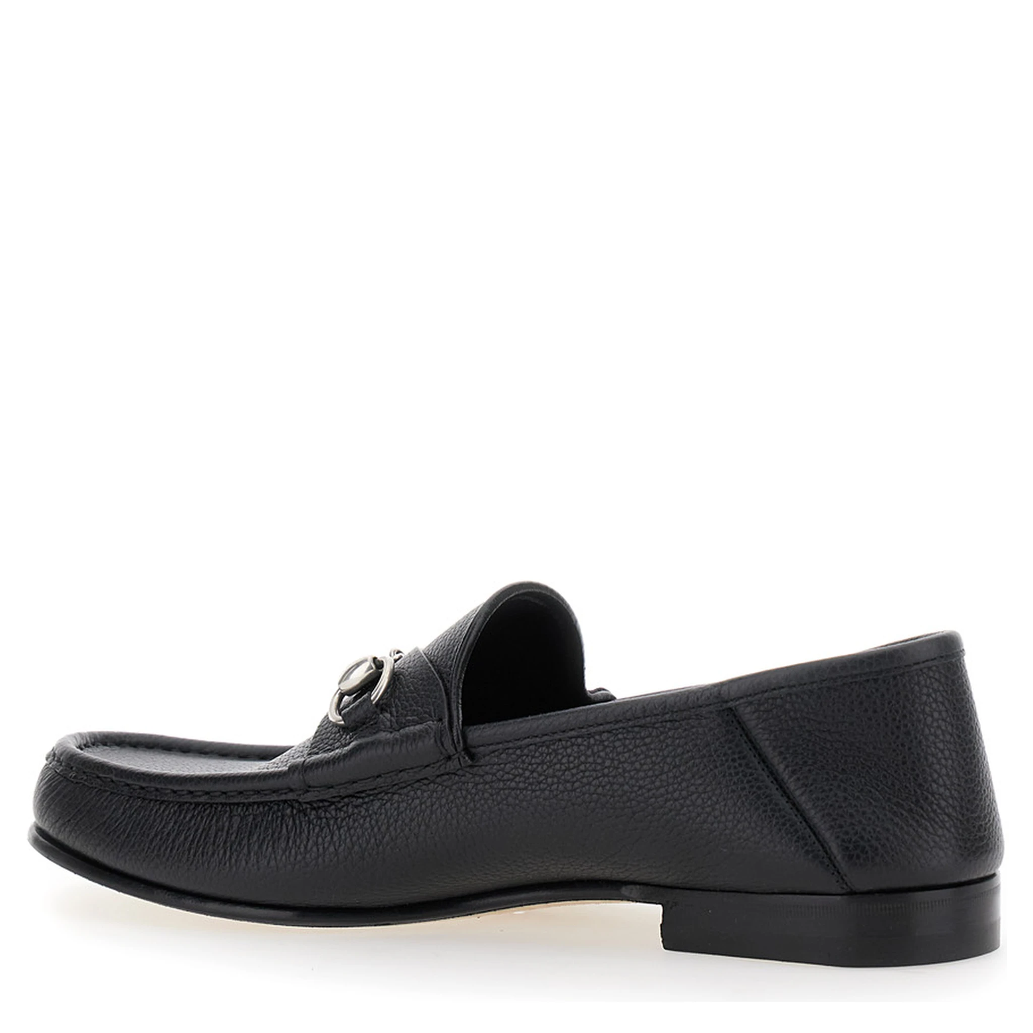 Black Loafers with Horsebit Detail on the Front in Hammered Leather Man
