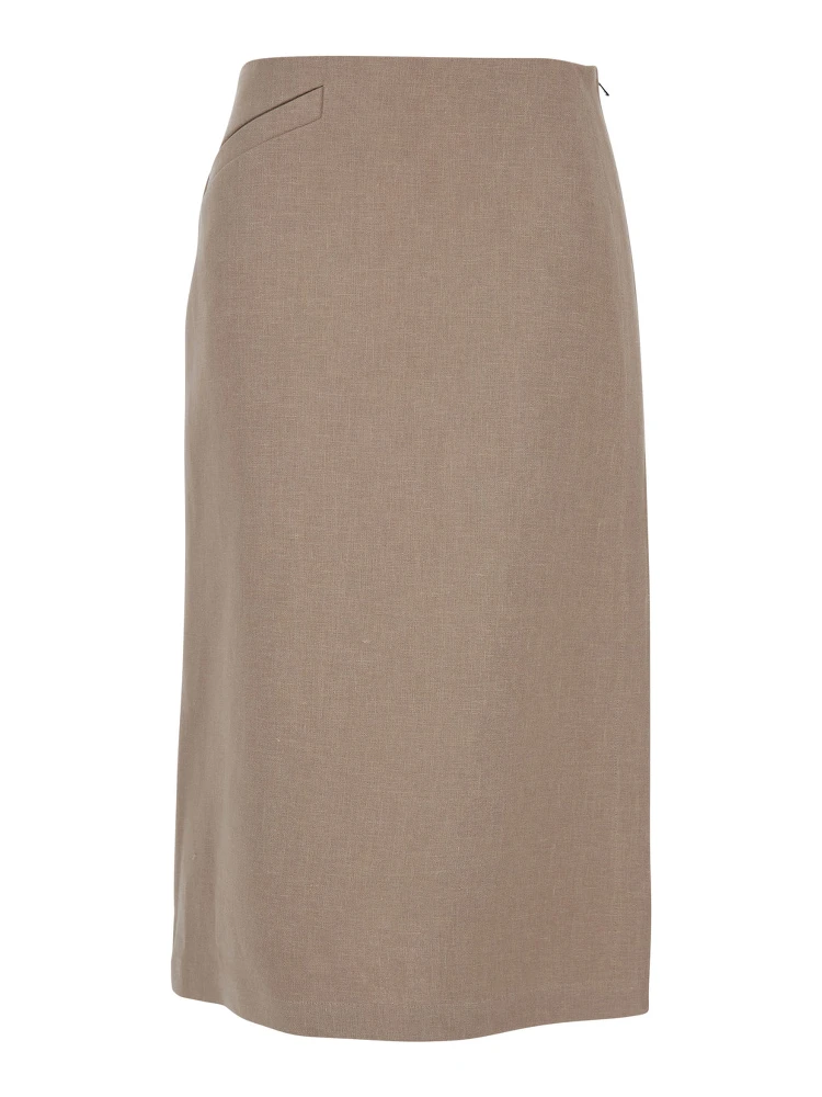 Beige Pencil Skirt with Rear Logo Lettering Embroidery and Side Slit in Linen Woman