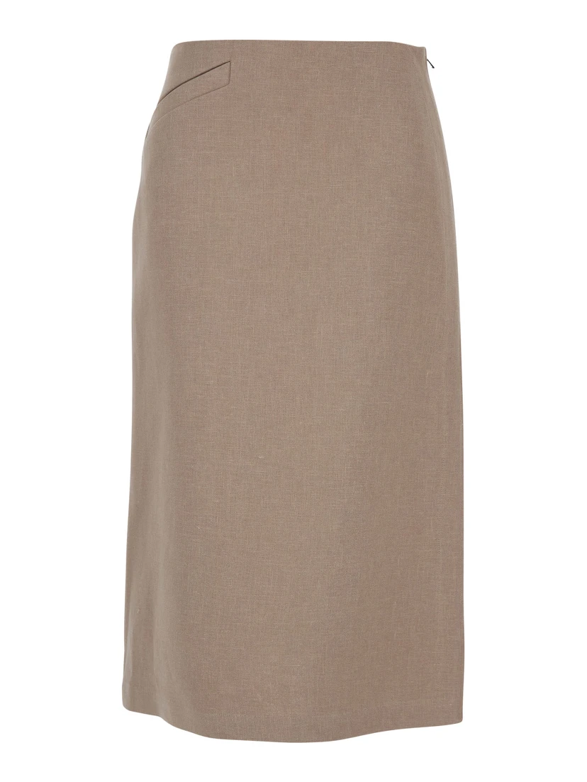 Beige Pencil Skirt with Rear Logo Lettering Embroidery and Side Slit in Linen Woman