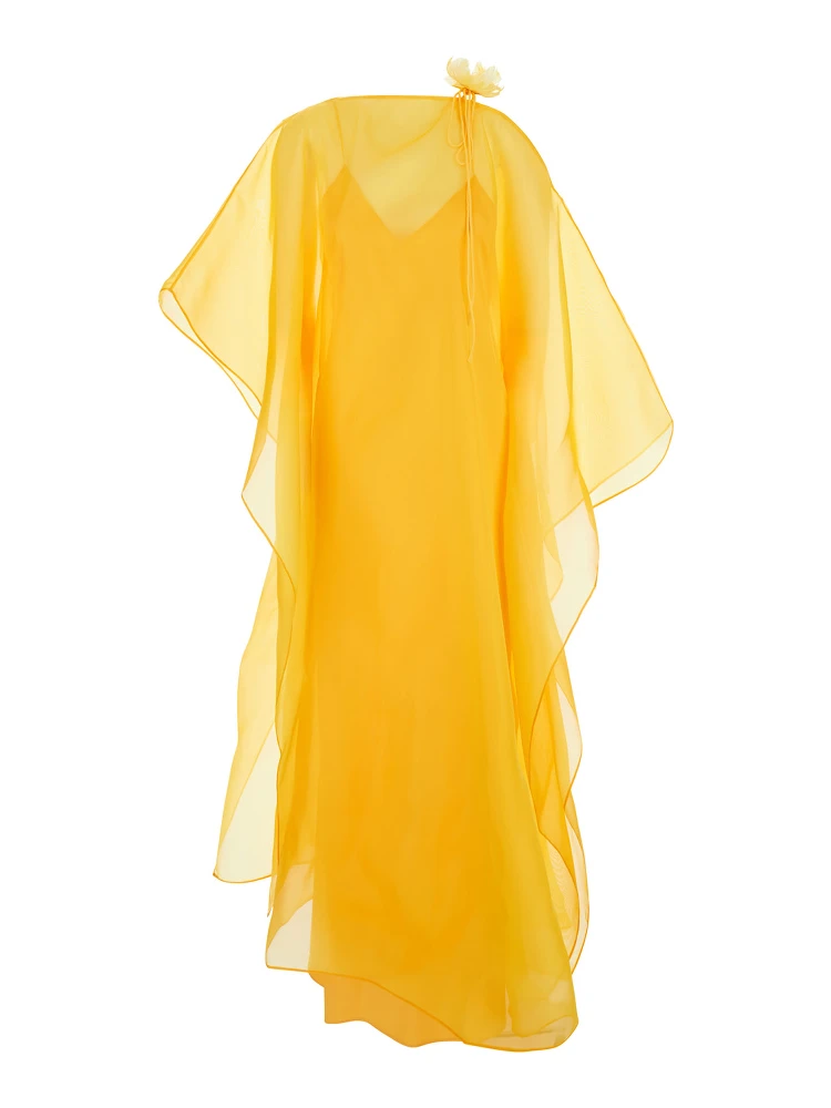 Sza Yellow Caftan with Semi-Transparent Design and Flower Detail in Silk Woman