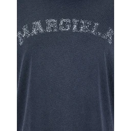 Blue Crewneck T-Shirt with Logo Lettering Print in Cotton Woman