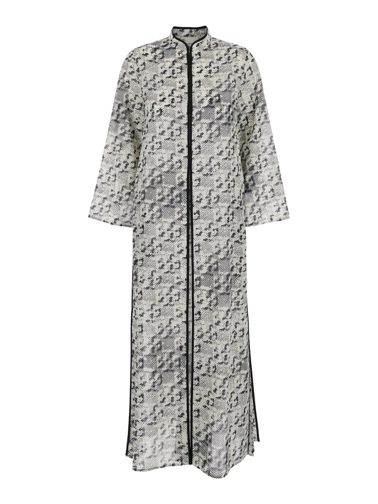 Grey Kaftan with Contrasting Trims and Eyelet Closure on the Front in Silk and Cotton Blend Woman