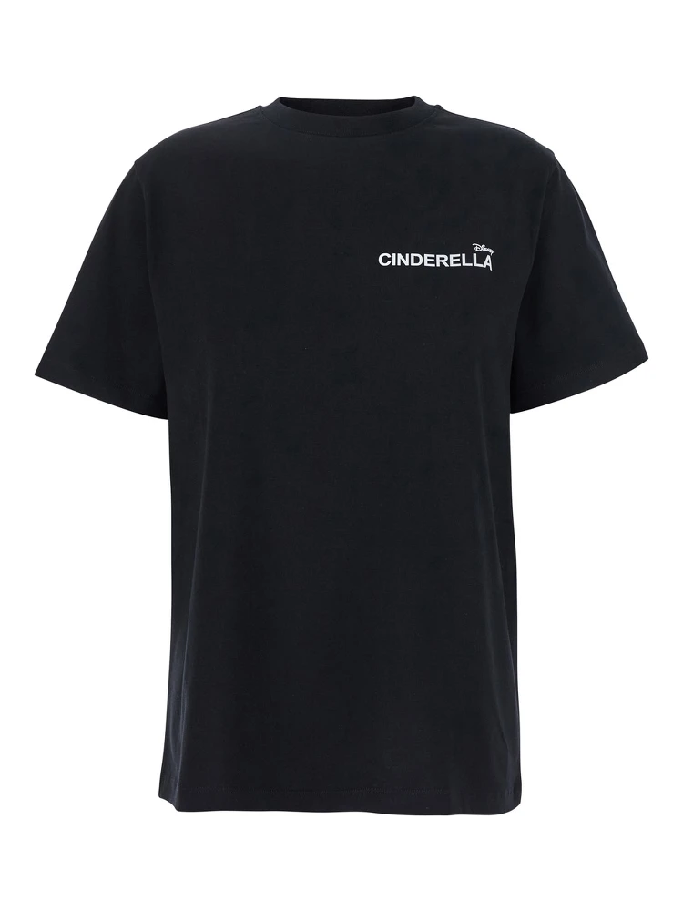 Cinderella Black T-Shirt with Logo Printed on the Front and Print on the Back in Cotton Woman