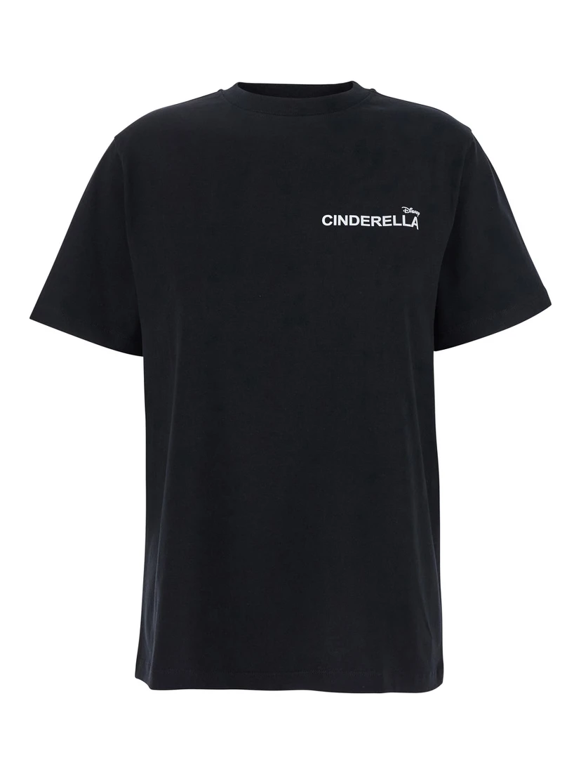 Cinderella Black T-Shirt with Logo Printed on the Front and Print on the Back in Cotton Woman