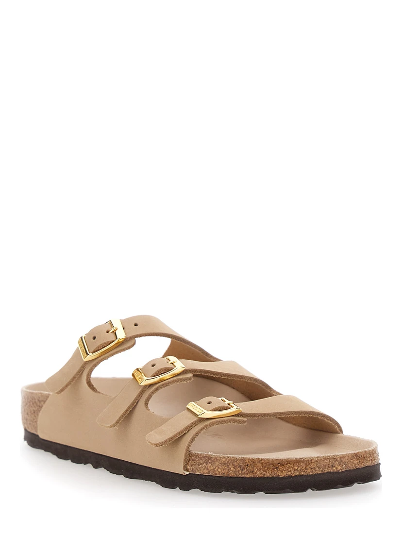 Florida Beige Sandals with Buckle with Logo Lettering in Leather Woman