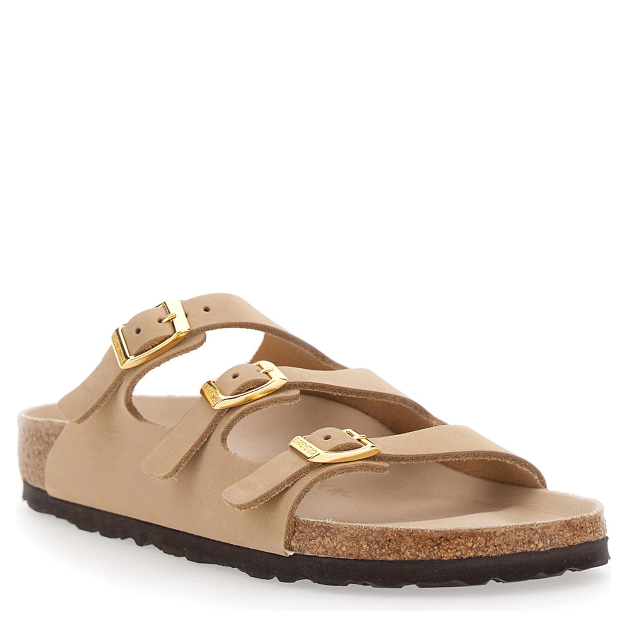 Florida Beige Sandals with Buckle with Logo Lettering in Leather Woman