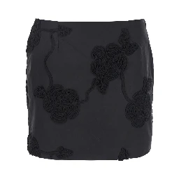 Black Mini Skirt with 3D Floral Details Applied All-Over in Cotton Woman