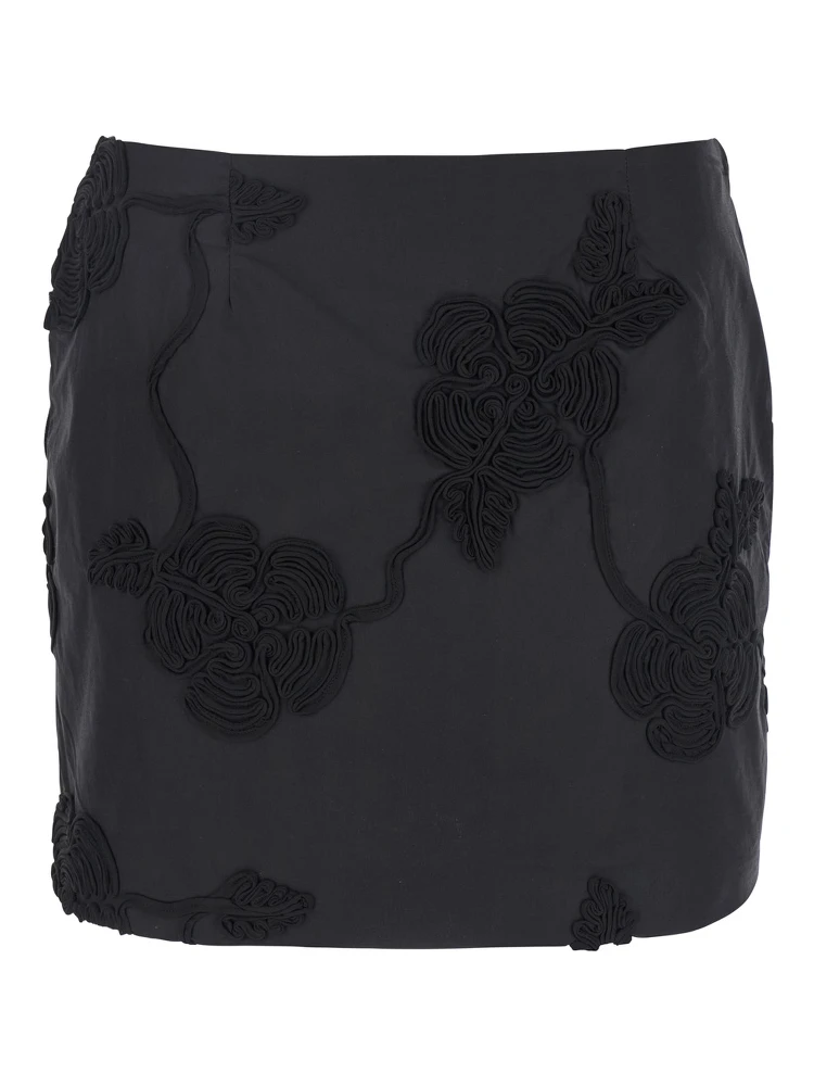 Black Mini Skirt with 3D Floral Details Applied All-Over in Cotton Woman