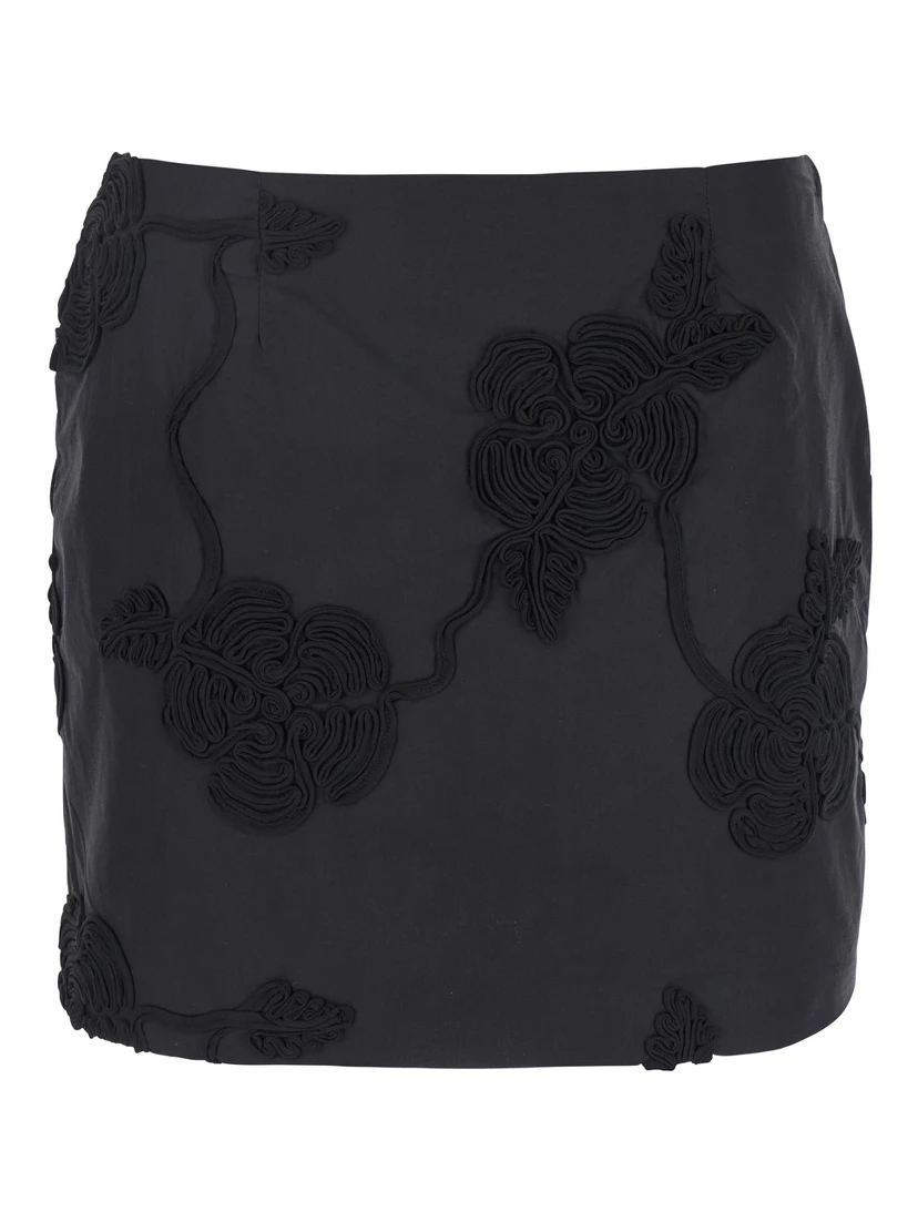 Black Mini Skirt with 3D Floral Details Applied All-Over in Cotton Woman