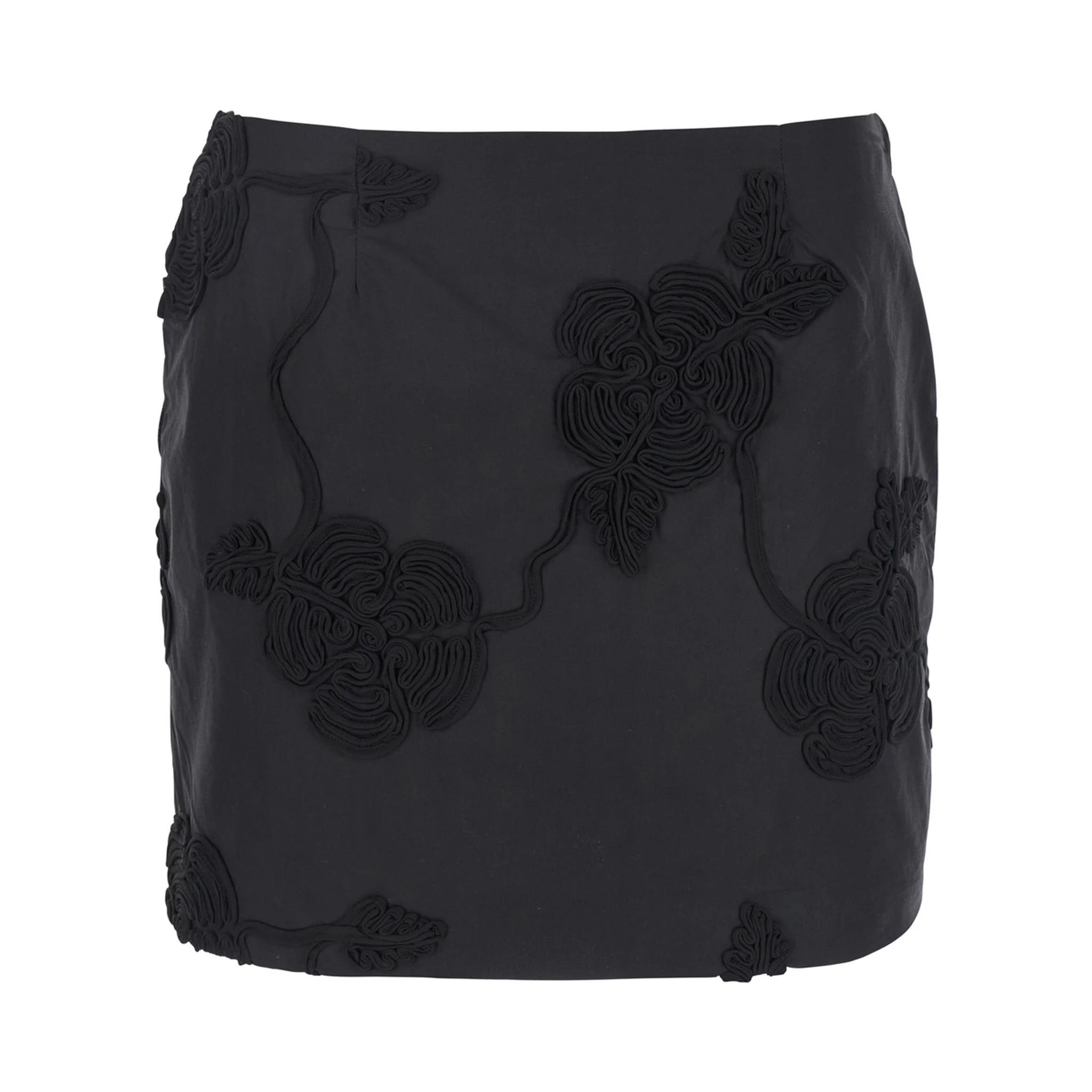 Black Mini Skirt with 3D Floral Details Applied All-Over in Cotton Woman