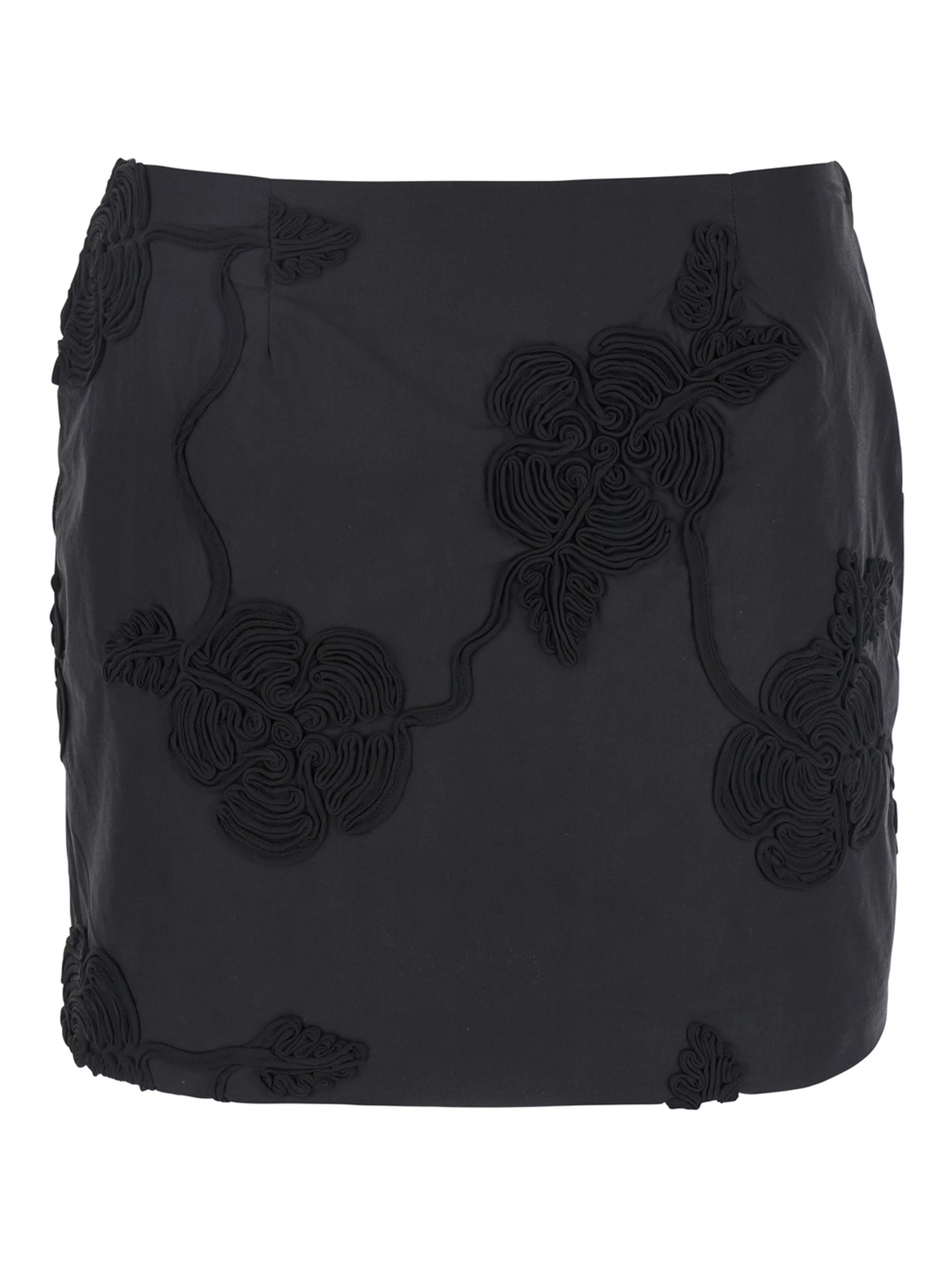Black Mini Skirt with 3D Floral Details Applied All-Over in Cotton Woman