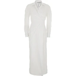 Balzac White Long Dress with Asymmetrical Pence Sewn at the Waist in Cotton Twill Woman