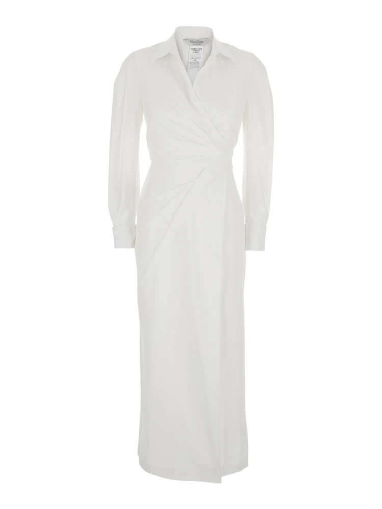 Balzac White Long Dress with Asymmetrical Pence Sewn at the Waist in Cotton Twill Woman