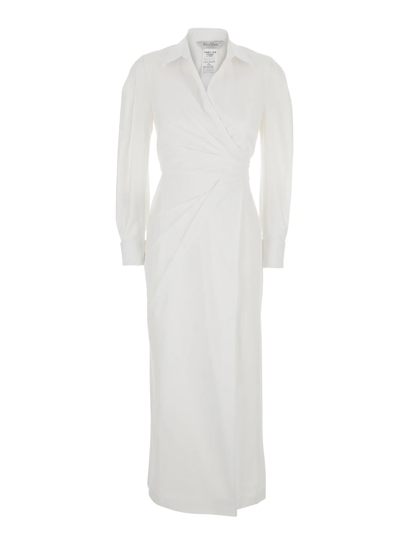 Balzac White Long Dress with Asymmetrical Pence Sewn at the Waist in Cotton Twill Woman