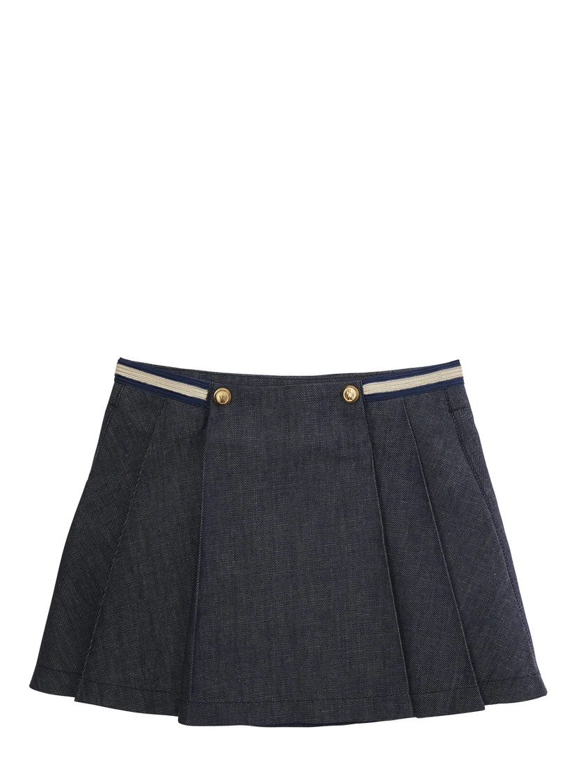 Blue Skirt with Logo Patch and Logoed Buttons in Cotton Girl