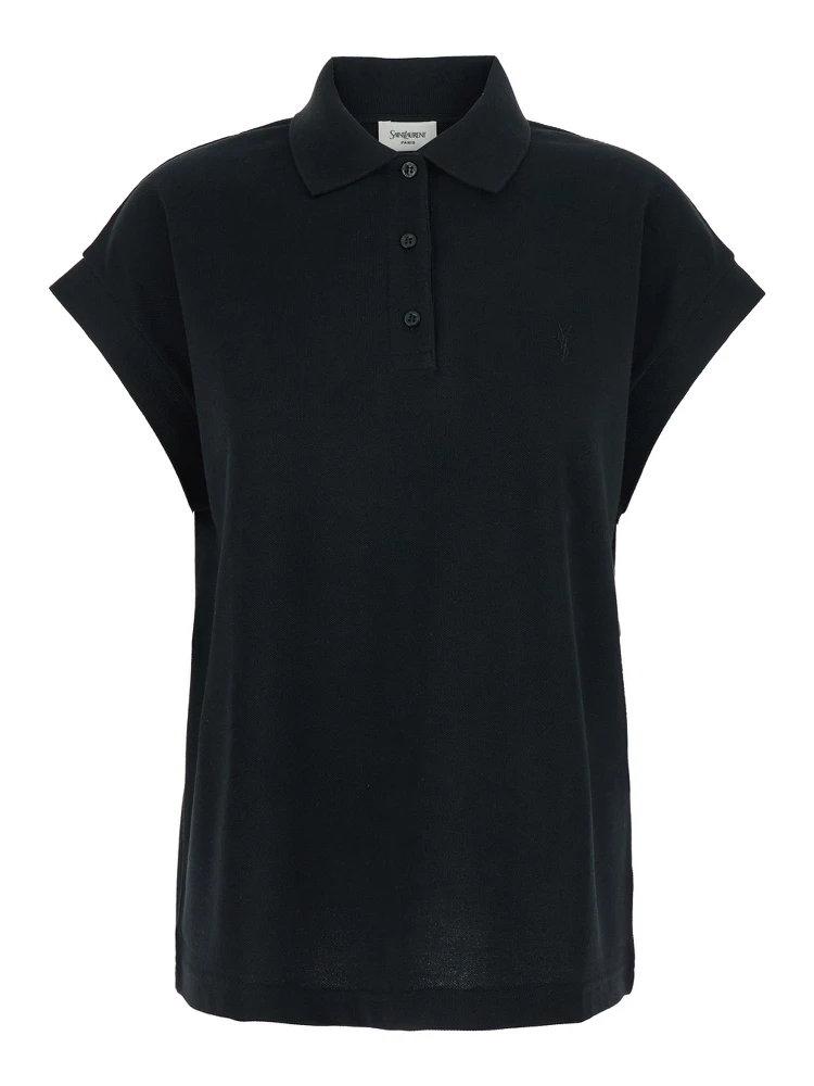 Black Sleeveless Polo Shirt with Classic Collar and Cassandre Embroidery on the Front in Cotton Woman