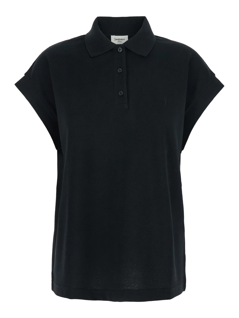 Black Sleeveless Polo Shirt with Classic Collar and Cassandre Embroidery on the Front in Cotton Woman