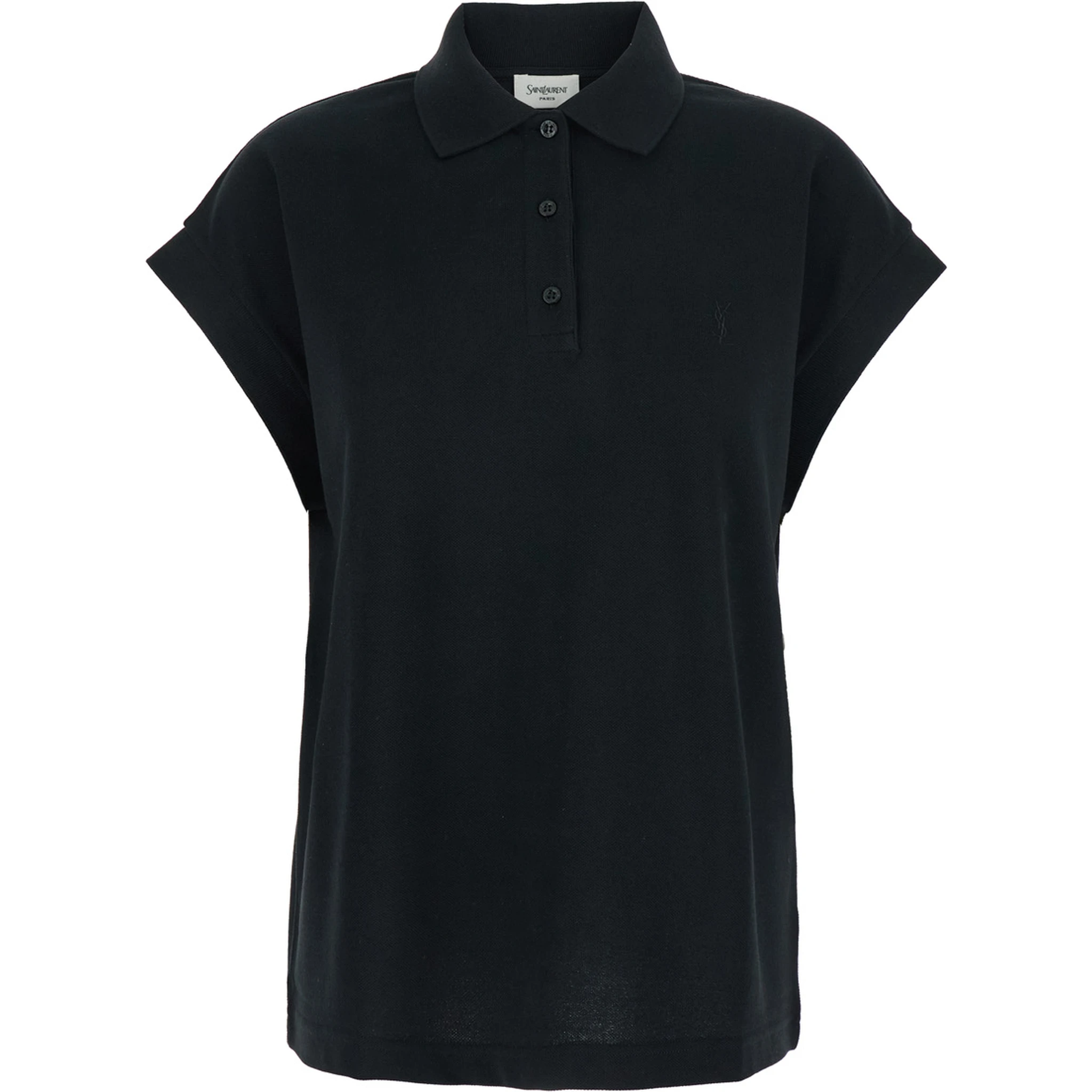 Black Sleeveless Polo Shirt with Classic Collar and Cassandre Embroidery on the Front in Cotton Woman