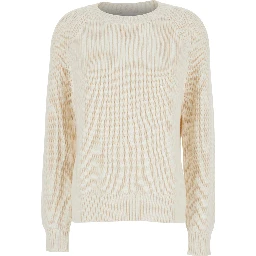 White Knit Crewneck Sweater in Cotton and Cashmere Blend Woman