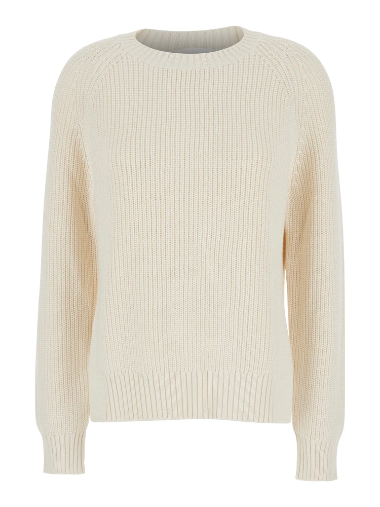 White Knit Crewneck Sweater in Cotton and Cashmere Blend Woman
