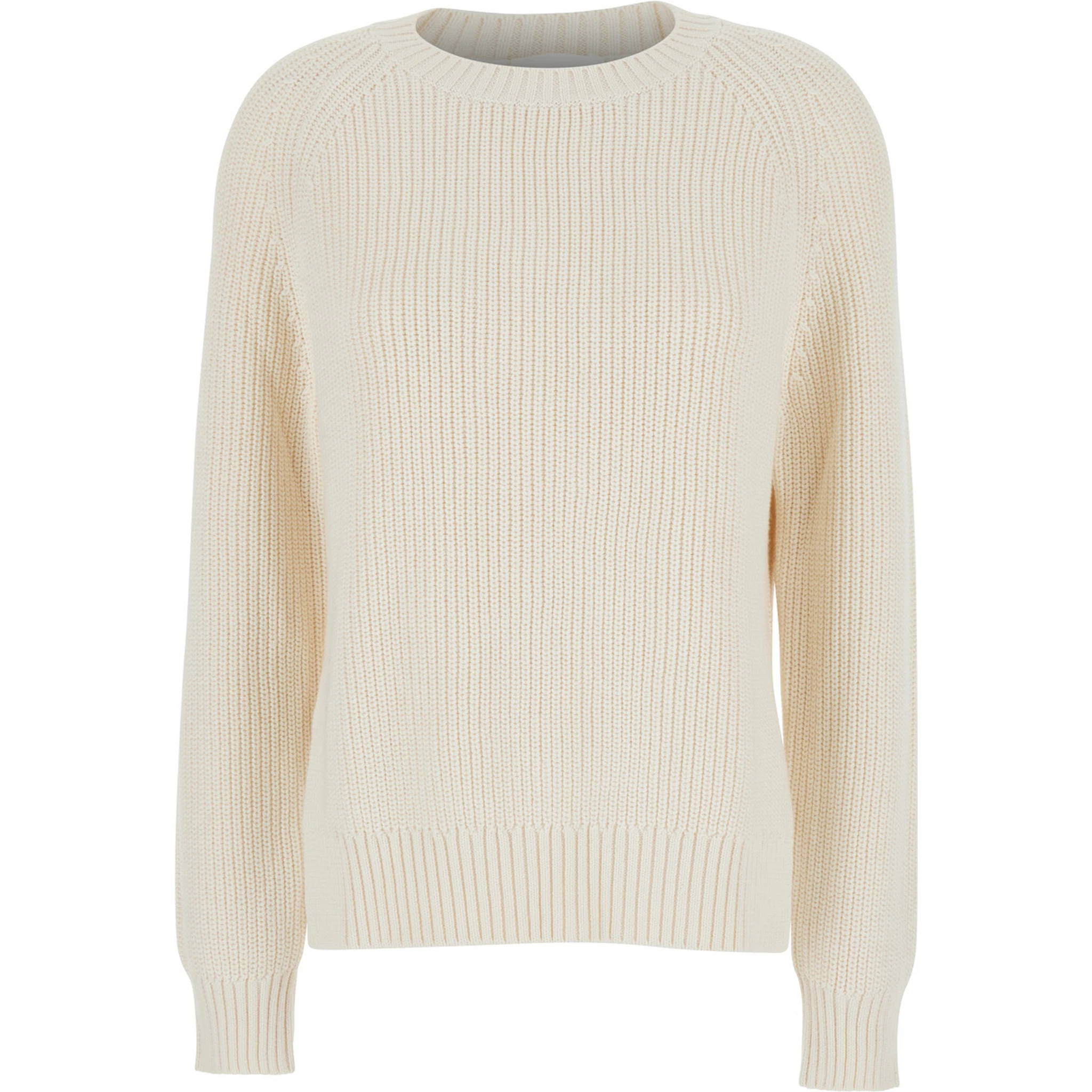 White Knit Crewneck Sweater in Cotton and Cashmere Blend Woman