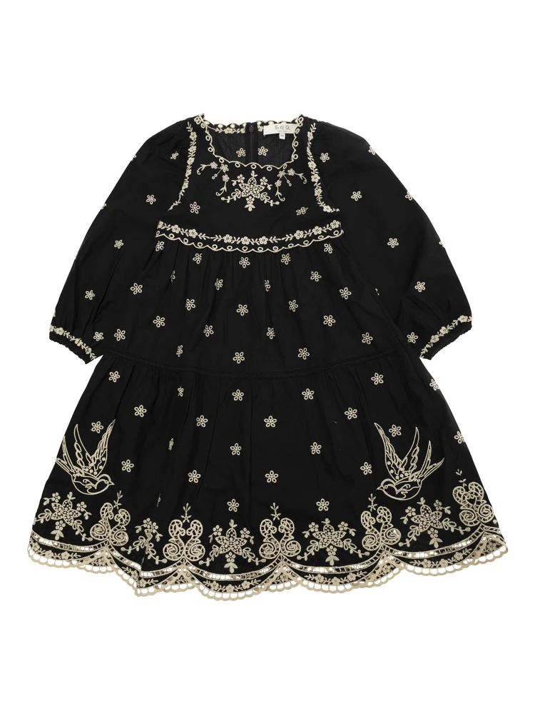 Kingsley Black Dress with All-Over Embroidery in Cotton Girls