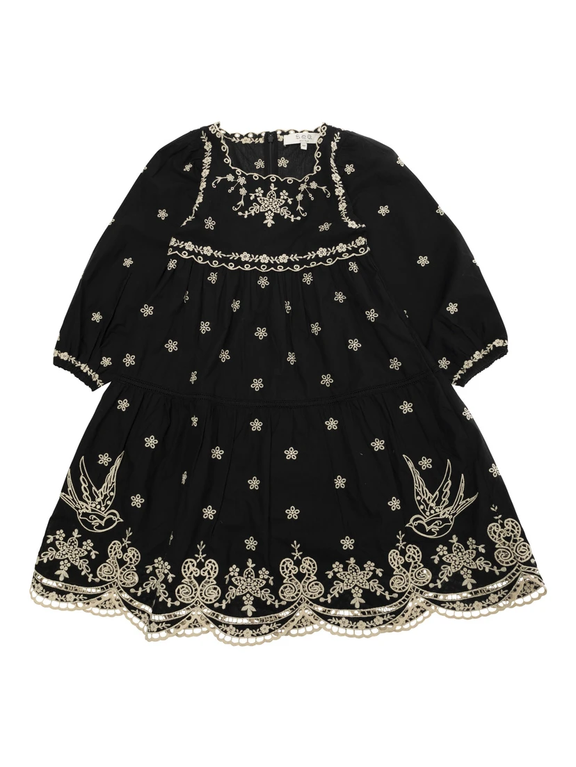 Kingsley Black Dress with All-Over Embroidery in Cotton Girls