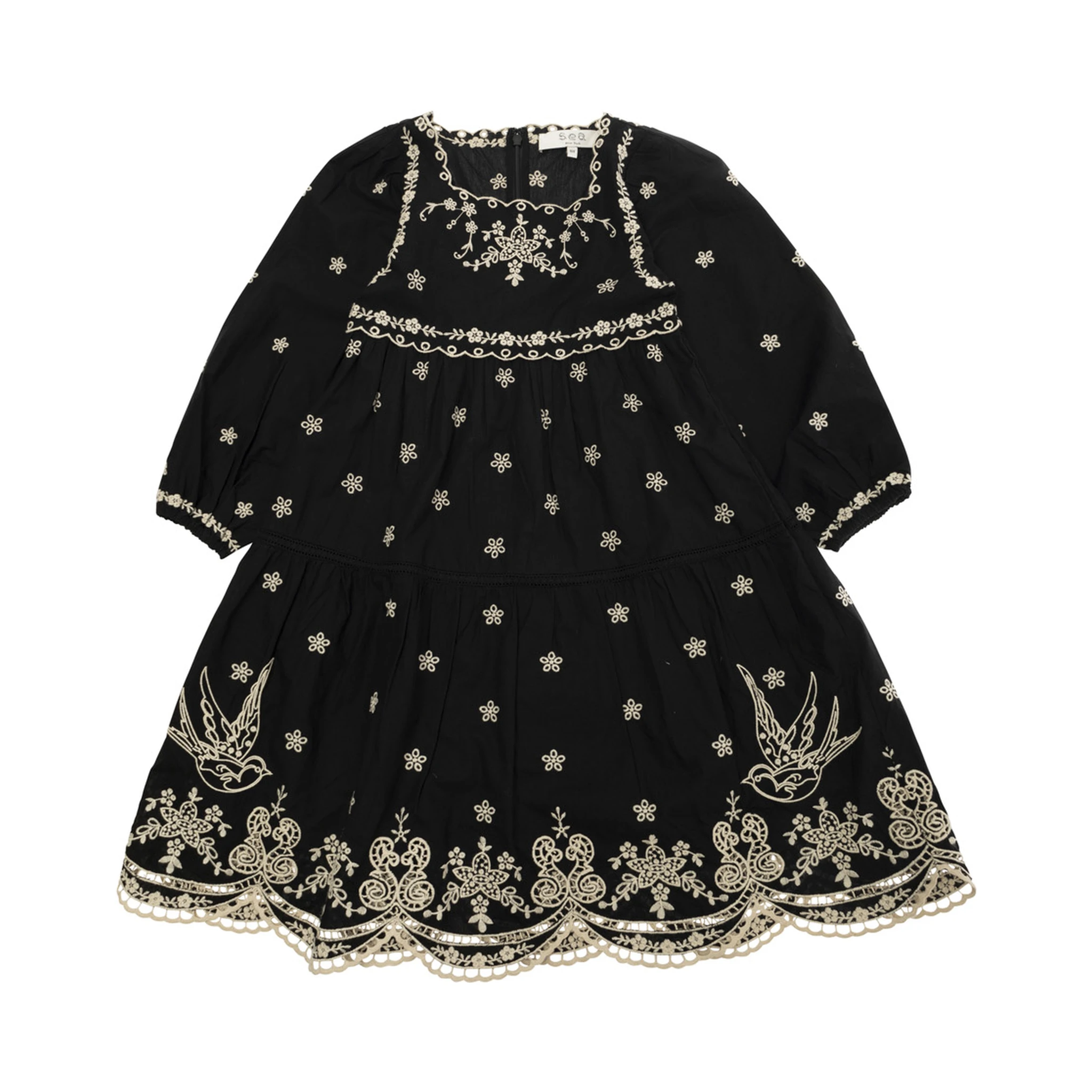 Kingsley Black Dress with All-Over Embroidery in Cotton Girls