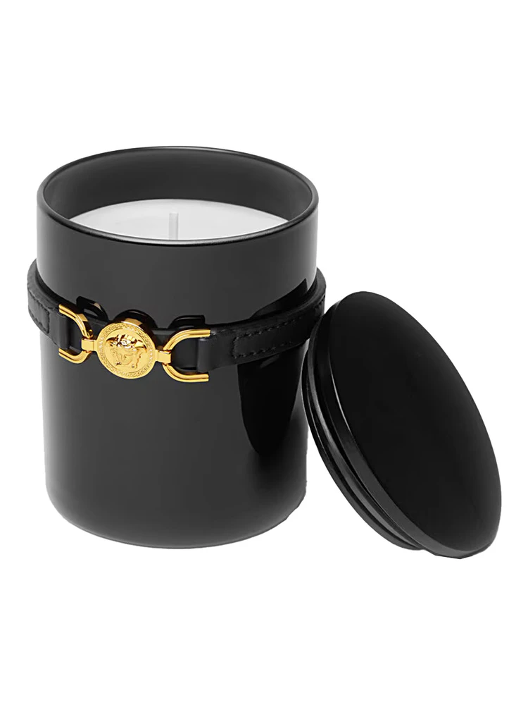 Medusa 95 Black Candle with Wood Lid and Removable Leather Strap in Wood and Glass Home alternative