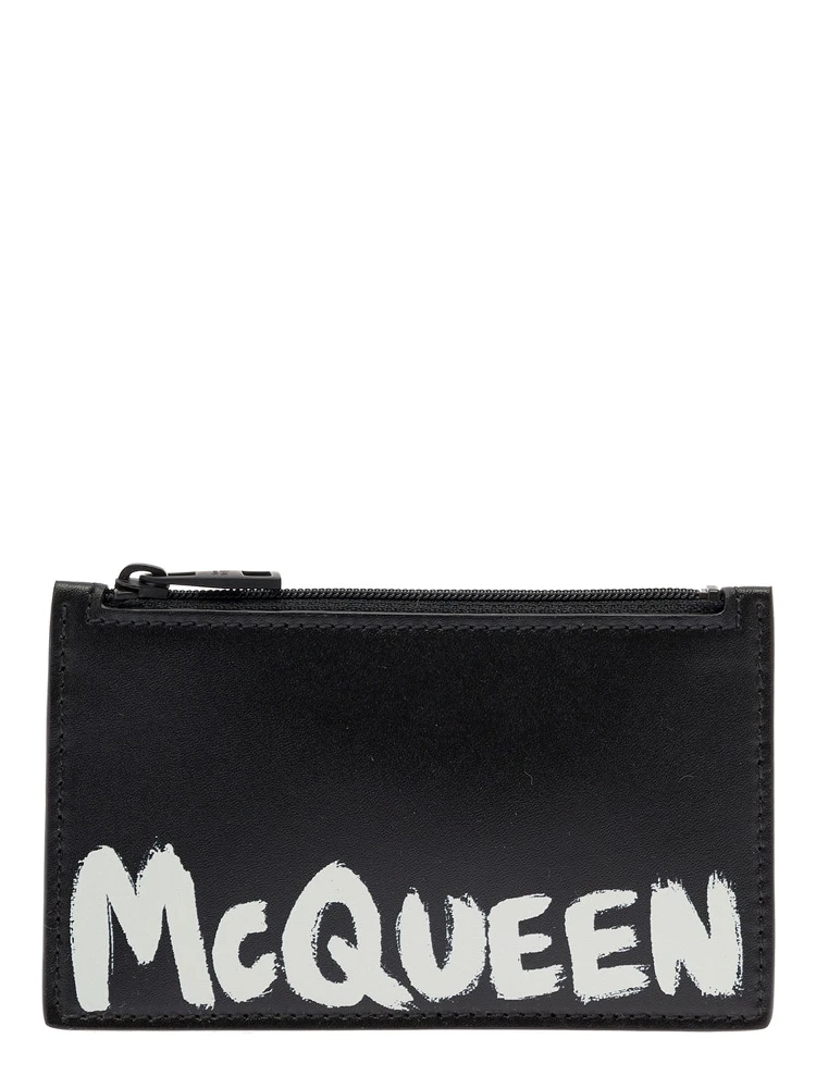 Black Card-Holder with Contrasting Graffiti Logo in Smooth Leather Man