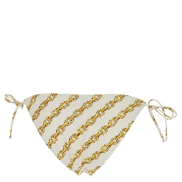 White Bikini Bottom with Adjustable Tie Closure and All-Over Chain Print in Tech Fabric Stretch Woman