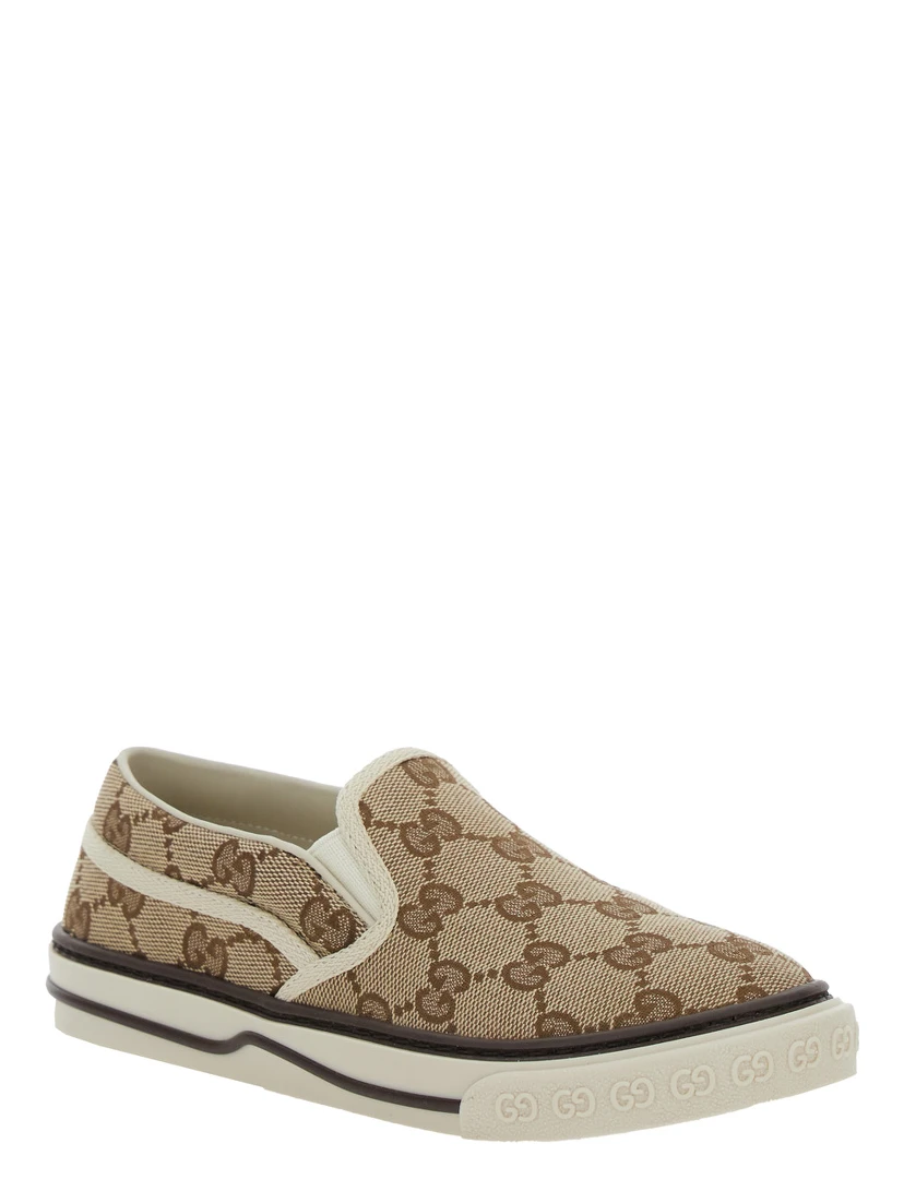 Beige Loafers with All-Over GG Motif in Fabric Boy